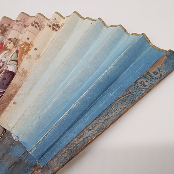 Antique Hand Painted Folding Hand Fan Elegant Ladies Design Wooden Ribs Wall Art - Picture 6 of 11